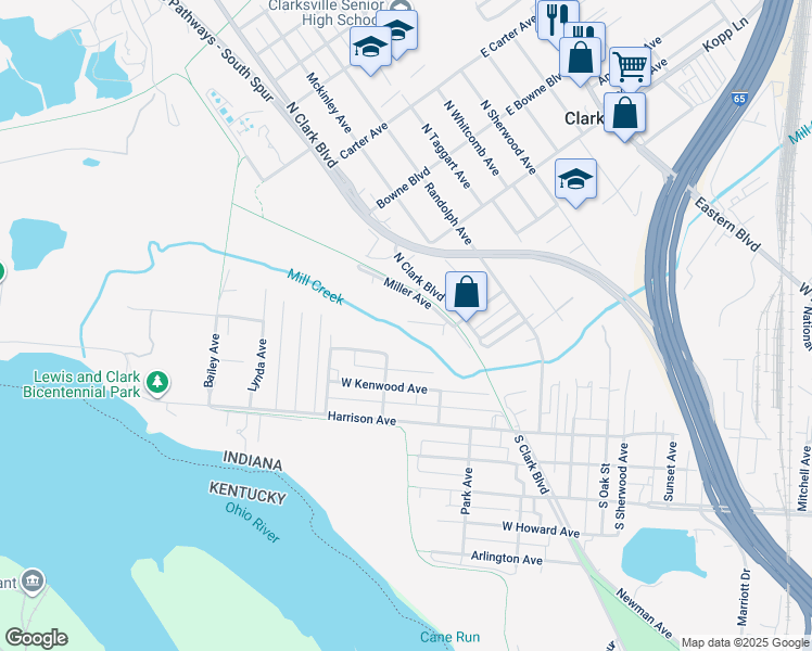 map of restaurants, bars, coffee shops, grocery stores, and more near Francis Ave in Clarksville