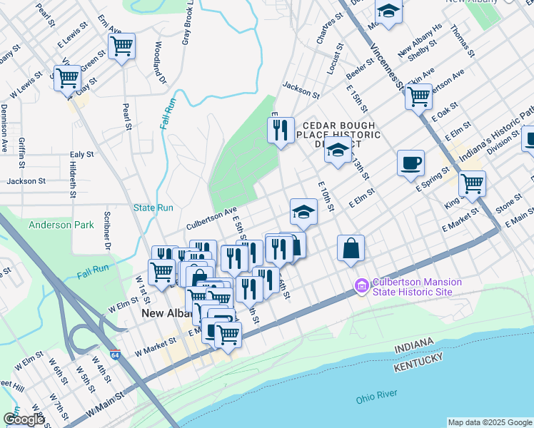 map of restaurants, bars, coffee shops, grocery stores, and more near 701 East Oak Street in New Albany