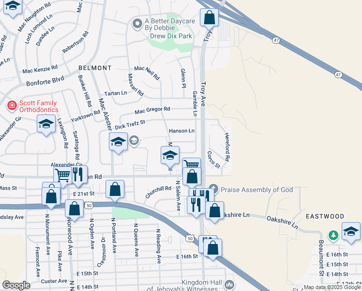 map of restaurants, bars, coffee shops, grocery stores, and more near 72 Brothers Lane in Pueblo