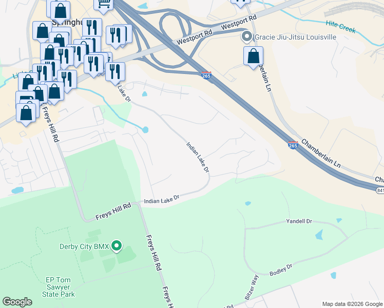 map of restaurants, bars, coffee shops, grocery stores, and more near 3306 Indian Lake Drive in Louisville