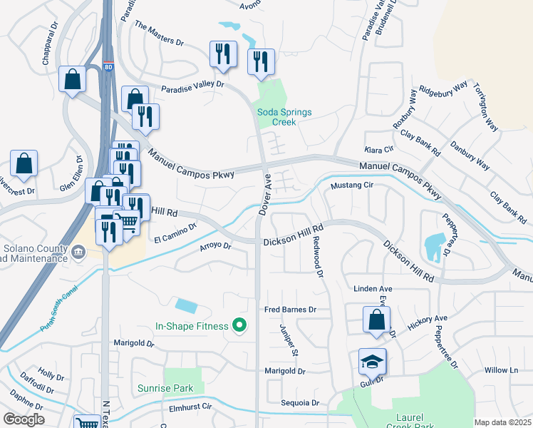 map of restaurants, bars, coffee shops, grocery stores, and more near 3252 Palomino Circle in Fairfield