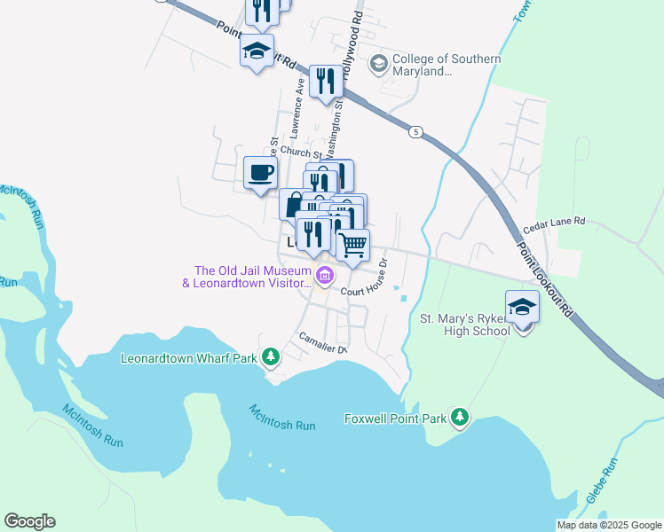 map of restaurants, bars, coffee shops, grocery stores, and more near 41625 Park Avenue in Leonardtown