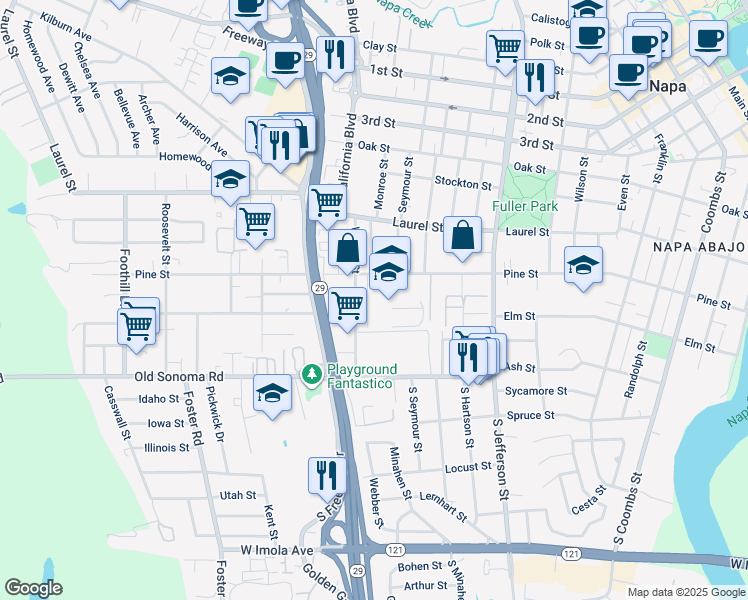 map of restaurants, bars, coffee shops, grocery stores, and more near 350 Monroe Street in Napa
