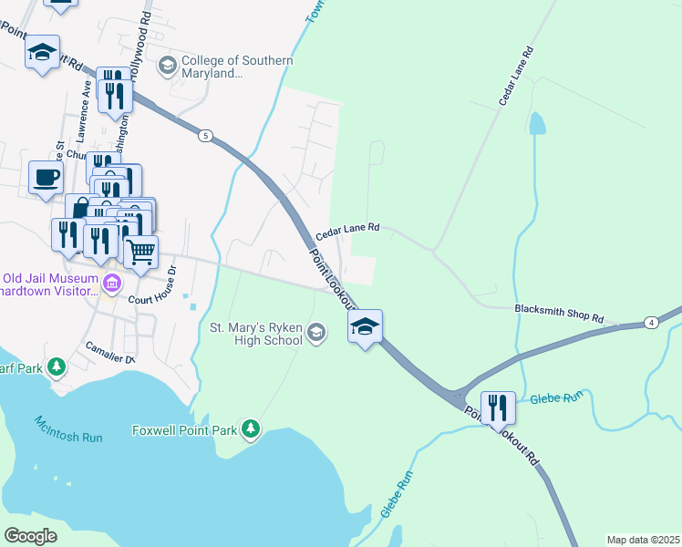 map of restaurants, bars, coffee shops, grocery stores, and more near 22682 Cedar Lane Court in Leonardtown