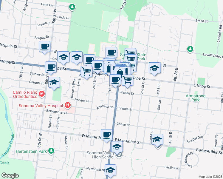 map of restaurants, bars, coffee shops, grocery stores, and more near 25 McDonell Street in Sonoma