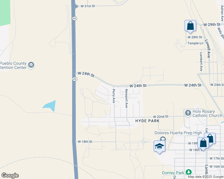 map of restaurants, bars, coffee shops, grocery stores, and more near 2311 Perry Avenue in Pueblo