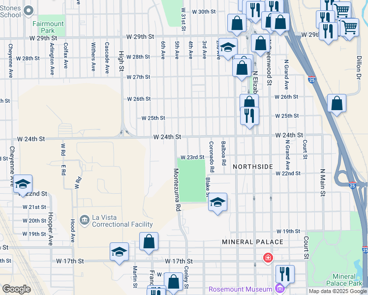 map of restaurants, bars, coffee shops, grocery stores, and more near 2322 De Soto Road in Pueblo