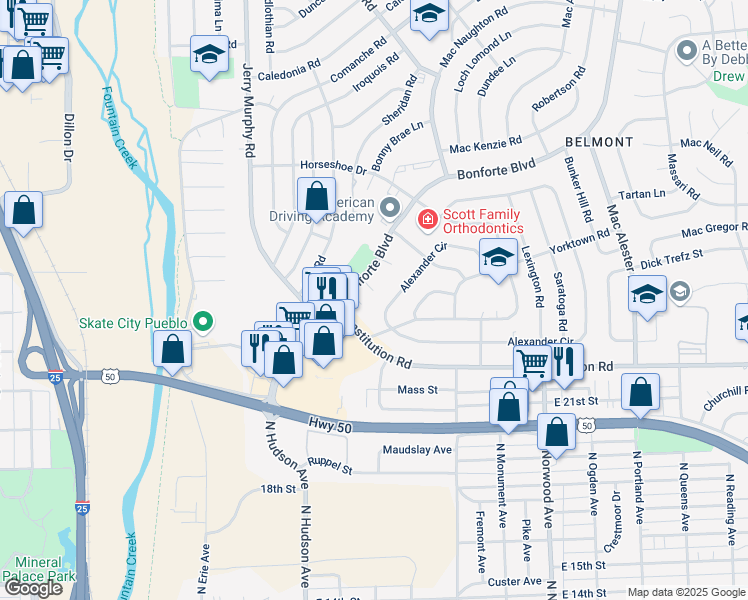 map of restaurants, bars, coffee shops, grocery stores, and more near 1032 Alexander Circle in Pueblo