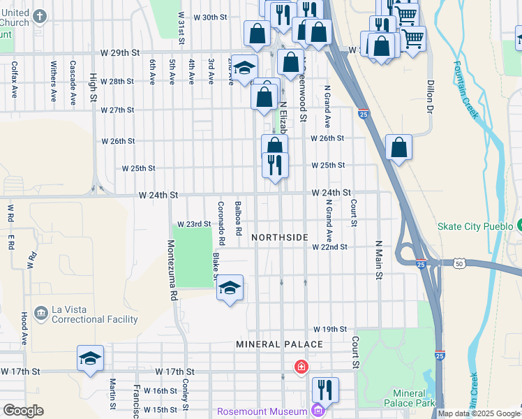 map of restaurants, bars, coffee shops, grocery stores, and more near 2316 West Street in Pueblo