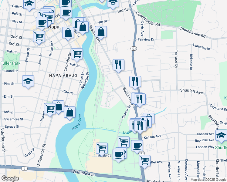 map of restaurants, bars, coffee shops, grocery stores, and more near 1240 Duhig Road in Napa