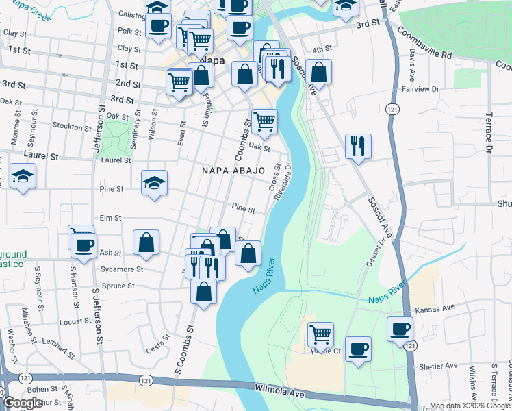 map of restaurants, bars, coffee shops, grocery stores, and more near in Napa