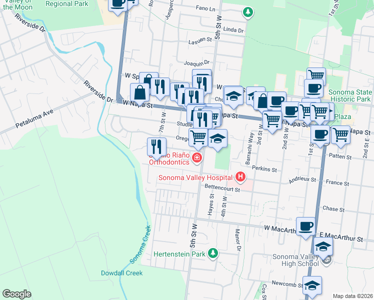 map of restaurants, bars, coffee shops, grocery stores, and more near 603 Curtin Lane in Sonoma