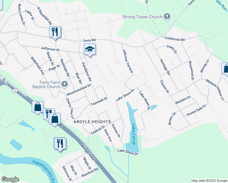 map of restaurants, bars, coffee shops, grocery stores, and more near 25 Tazewell Street in Fredericksburg