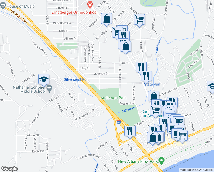 map of restaurants, bars, coffee shops, grocery stores, and more near 219 Cherry Street in New Albany
