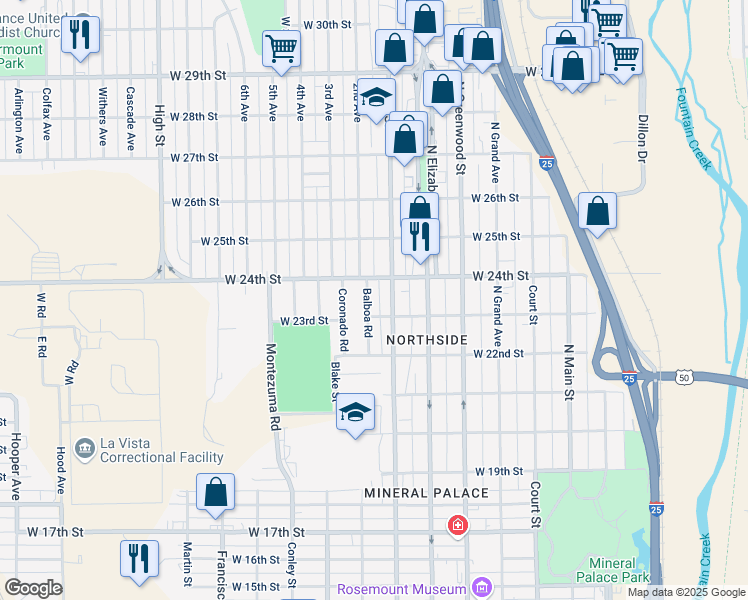 map of restaurants, bars, coffee shops, grocery stores, and more near 2316 Balboa Road in Pueblo
