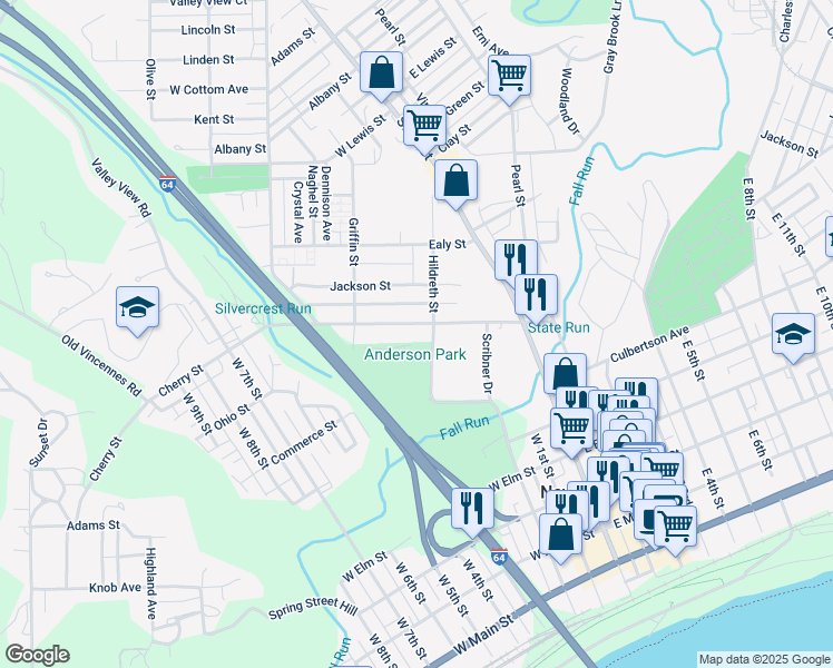 map of restaurants, bars, coffee shops, grocery stores, and more near 219 Cherry Street in New Albany