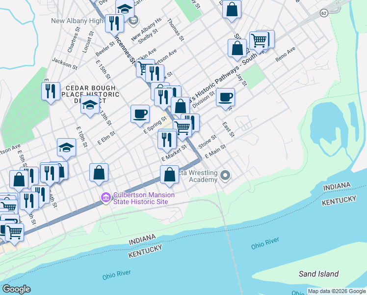 map of restaurants, bars, coffee shops, grocery stores, and more near 1625 E Market St in New Albany
