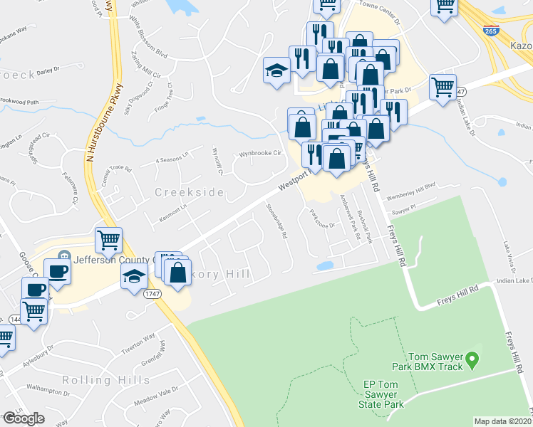 map of restaurants, bars, coffee shops, grocery stores, and more near 3112 Stonebridge Road in Louisville