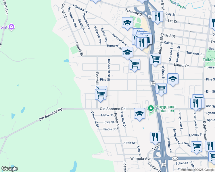 map of restaurants, bars, coffee shops, grocery stores, and more near 241 Roosevelt Street in Napa