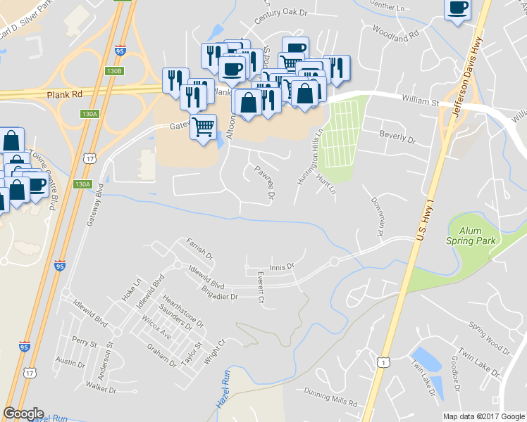 map of restaurants, bars, coffee shops, grocery stores, and more near 28 Pawnee Drive in Fredericksburg