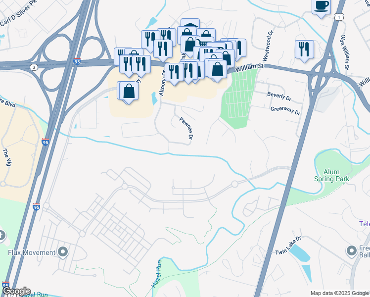 map of restaurants, bars, coffee shops, grocery stores, and more near 28 Pawnee Drive in Fredericksburg