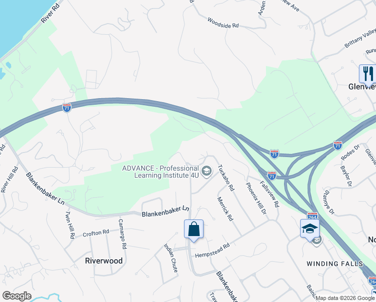 map of restaurants, bars, coffee shops, grocery stores, and more near 2511 Woodside Road in Louisville