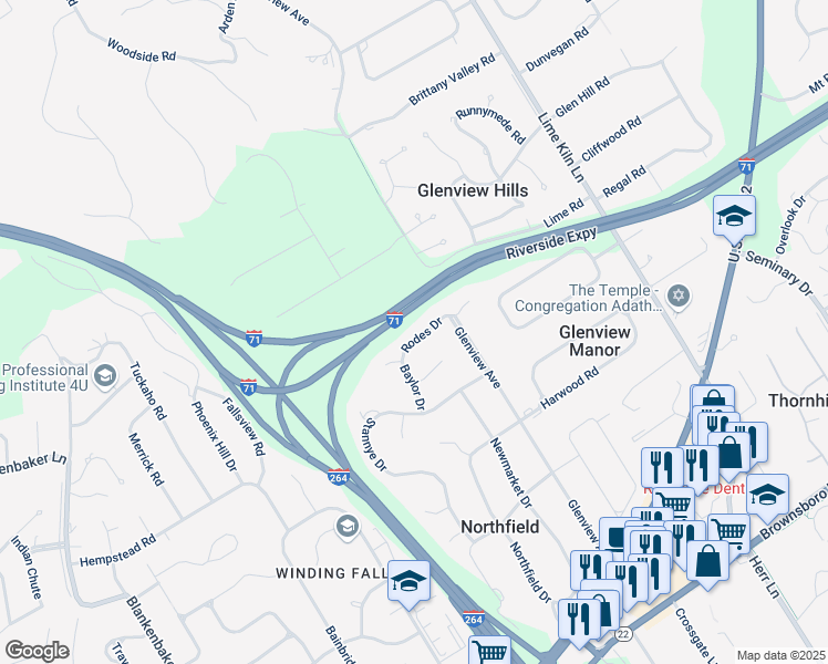 map of restaurants, bars, coffee shops, grocery stores, and more near 6107 Rodes Drive in Louisville