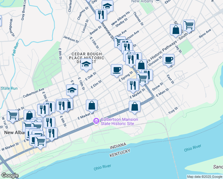 map of restaurants, bars, coffee shops, grocery stores, and more near 1308 East Spring Street in New Albany
