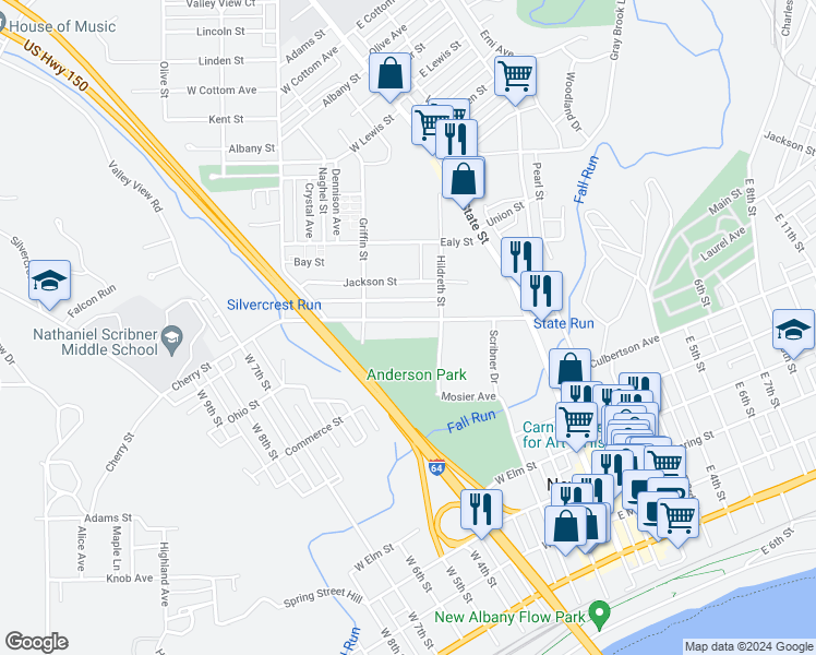 map of restaurants, bars, coffee shops, grocery stores, and more near 227 Cherry Street in New Albany