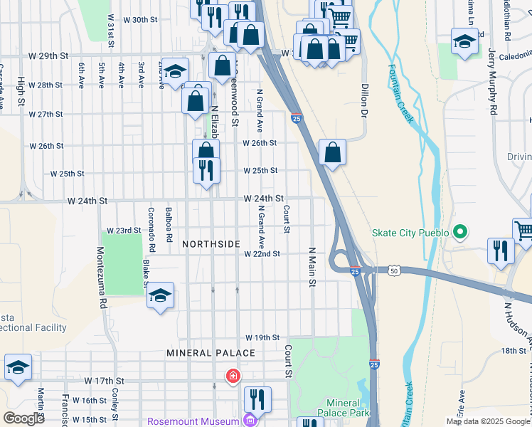 map of restaurants, bars, coffee shops, grocery stores, and more near 2314 North Grand Avenue in Pueblo