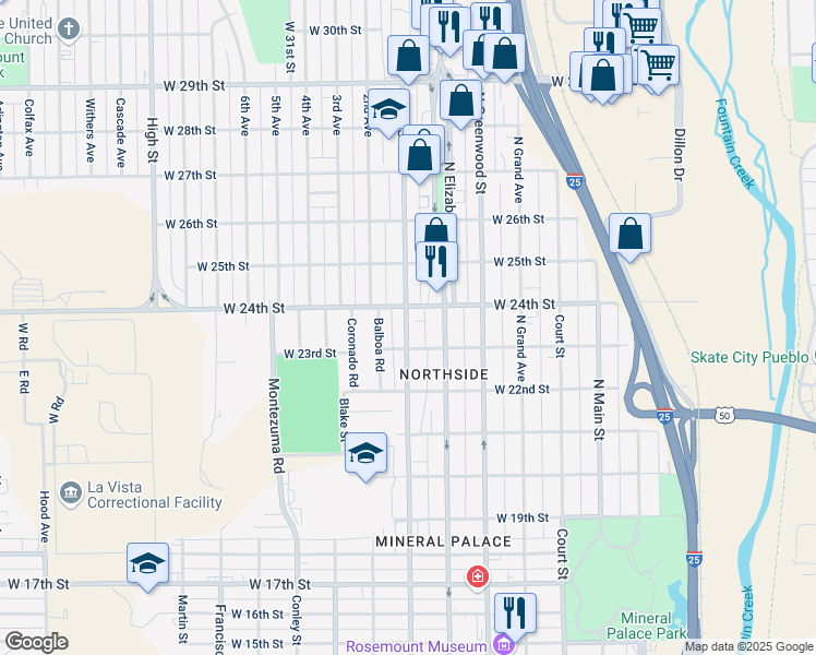 map of restaurants, bars, coffee shops, grocery stores, and more near 2316 West Street in Pueblo