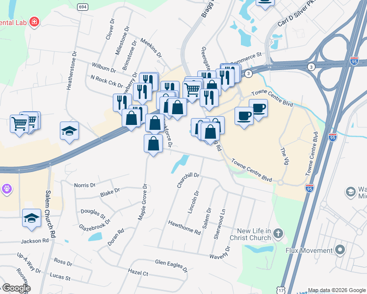 map of restaurants, bars, coffee shops, grocery stores, and more near 1357 Maple Grove Drive in Fredericksburg