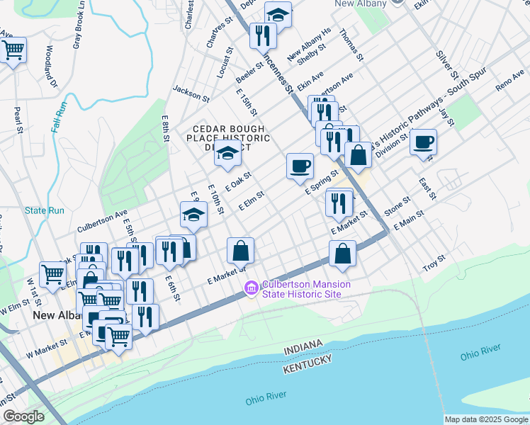 map of restaurants, bars, coffee shops, grocery stores, and more near 1203 East Spring Street in New Albany