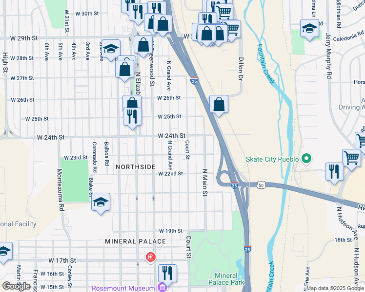 map of restaurants, bars, coffee shops, grocery stores, and more near 2314 North Grand Avenue in Pueblo