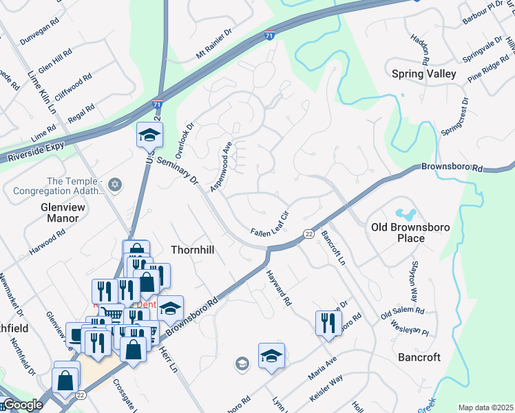 map of restaurants, bars, coffee shops, grocery stores, and more near 2703 Sycamore Woods Court in Louisville