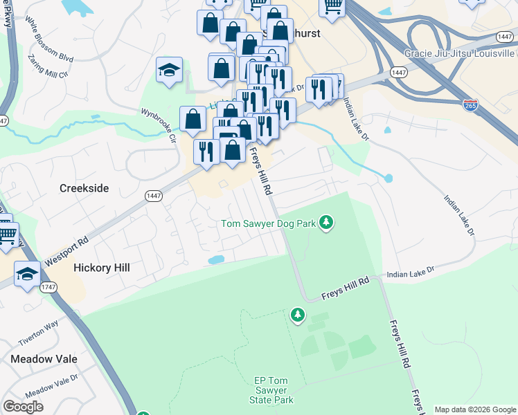 map of restaurants, bars, coffee shops, grocery stores, and more near 3127 Freys Hill Road in Louisville
