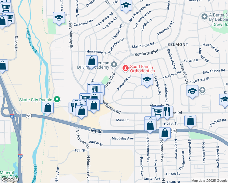 map of restaurants, bars, coffee shops, grocery stores, and more near 1032 Alexander Circle in Pueblo