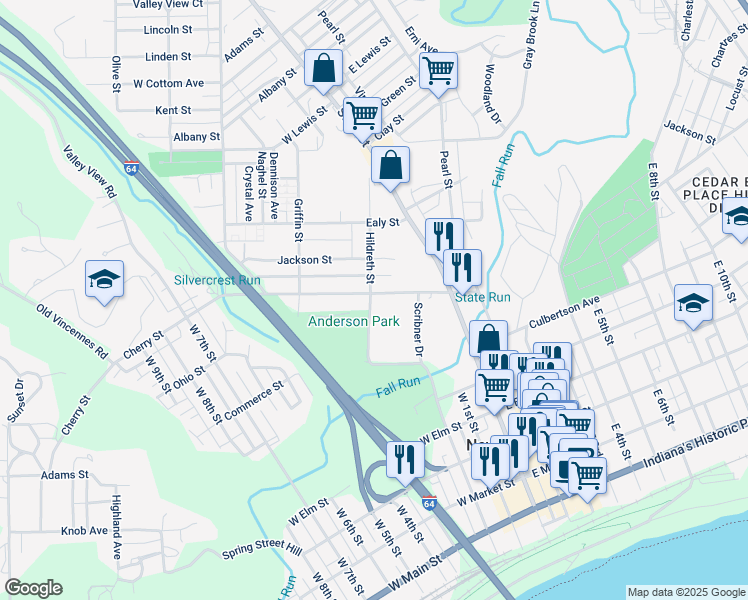 map of restaurants, bars, coffee shops, grocery stores, and more near 173 Cherry Street in New Albany