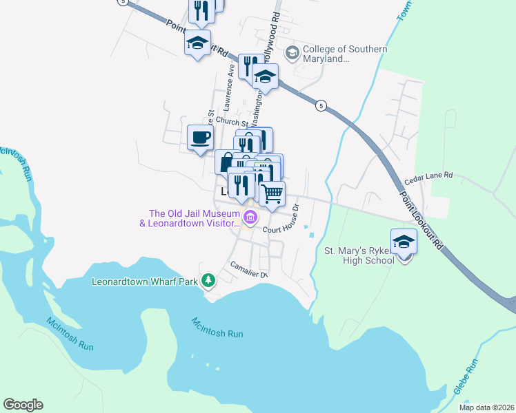 map of restaurants, bars, coffee shops, grocery stores, and more near 22680 Washington Street in Leonardtown