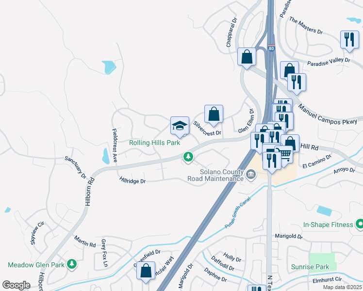 map of restaurants, bars, coffee shops, grocery stores, and more near 2025 Fieldcrest Avenue in Fairfield