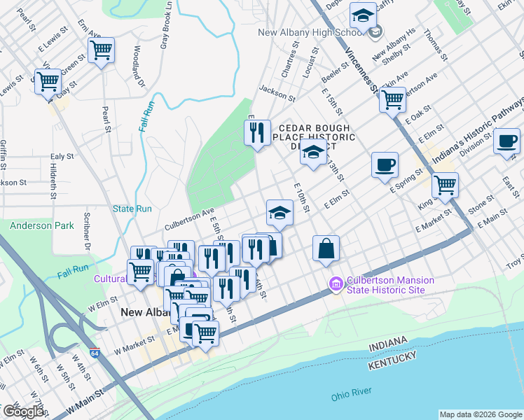 map of restaurants, bars, coffee shops, grocery stores, and more near 701 East Oak Street in New Albany