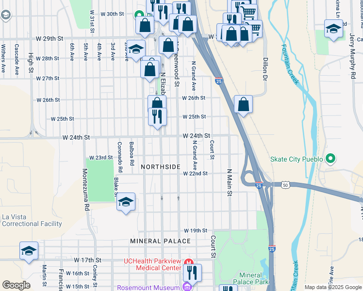 map of restaurants, bars, coffee shops, grocery stores, and more near 2318 North Greenwood Street in Pueblo