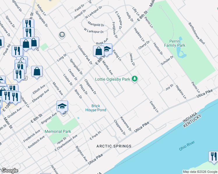 map of restaurants, bars, coffee shops, grocery stores, and more near 616 Goyne Drive in Jeffersonville
