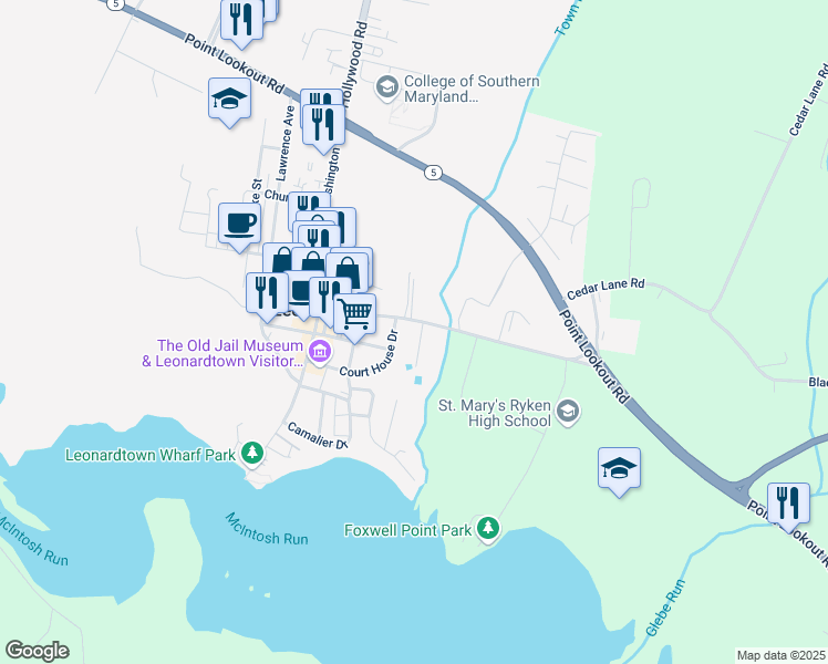 map of restaurants, bars, coffee shops, grocery stores, and more near 22665 Van Wert Lane in Leonardtown