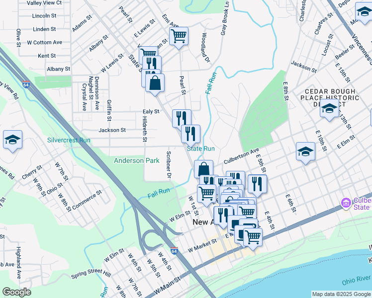map of restaurants, bars, coffee shops, grocery stores, and more near 740 State Street in New Albany
