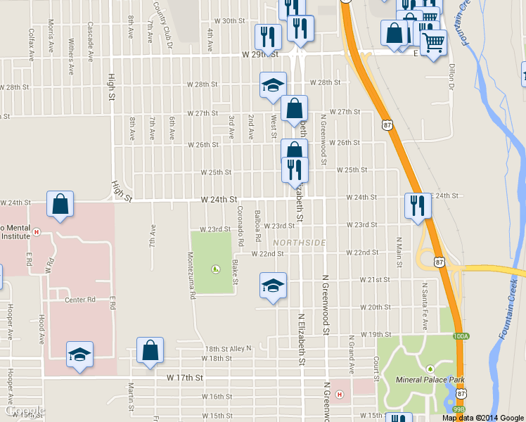 map of restaurants, bars, coffee shops, grocery stores, and more near 2316 Balboa Rd in Pueblo