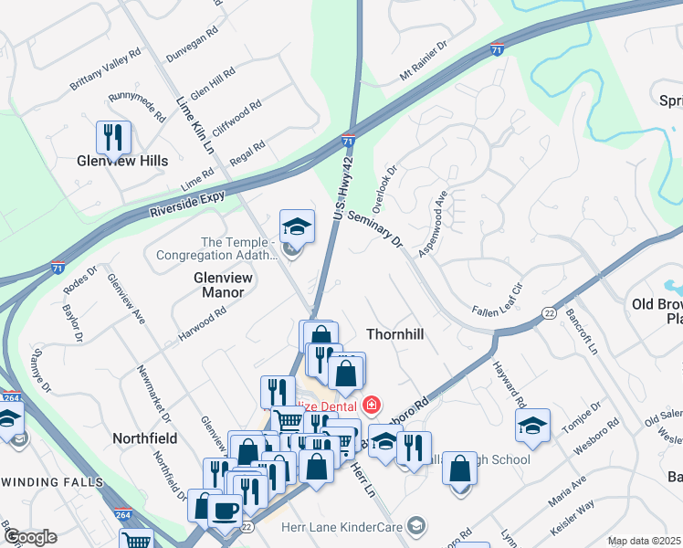 map of restaurants, bars, coffee shops, grocery stores, and more near 5100 U.S. 42 in Louisville