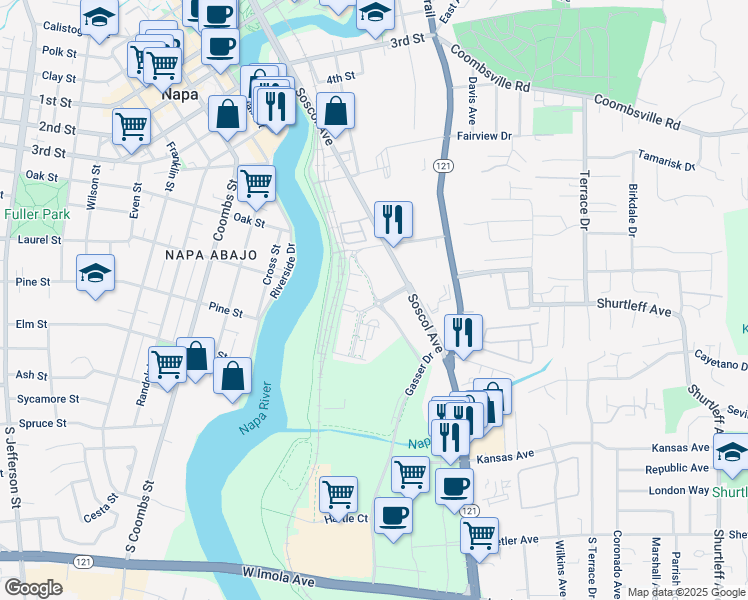 map of restaurants, bars, coffee shops, grocery stores, and more near 791 Vista Tulocay Lane in Napa