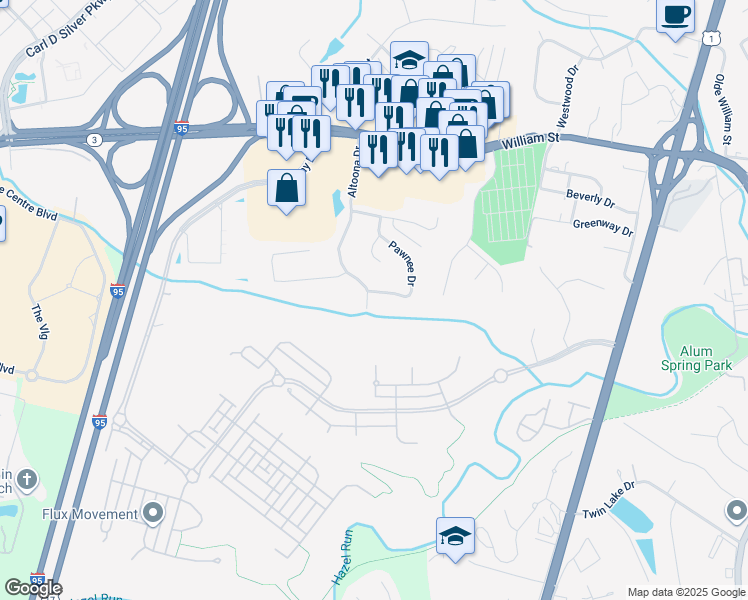 map of restaurants, bars, coffee shops, grocery stores, and more near 500 Altoona Drive in Fredericksburg