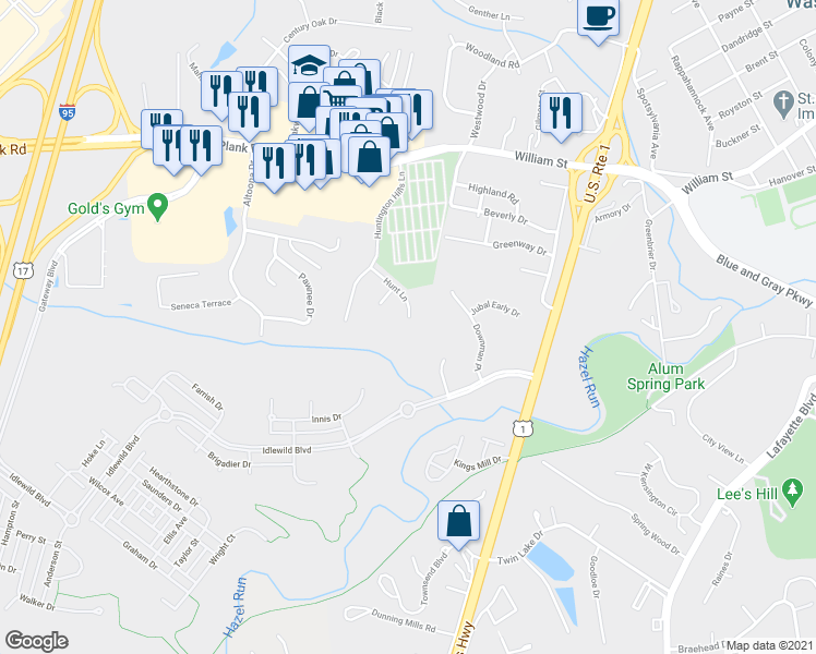 map of restaurants, bars, coffee shops, grocery stores, and more near 112 Hunt Lane in Fredericksburg